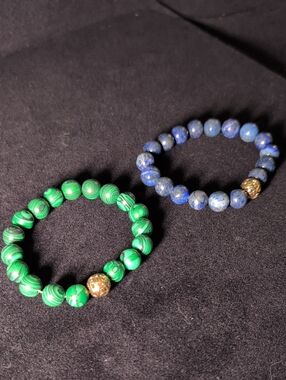 Lapis & Malachite Beaded Stretch Bracelet Pair